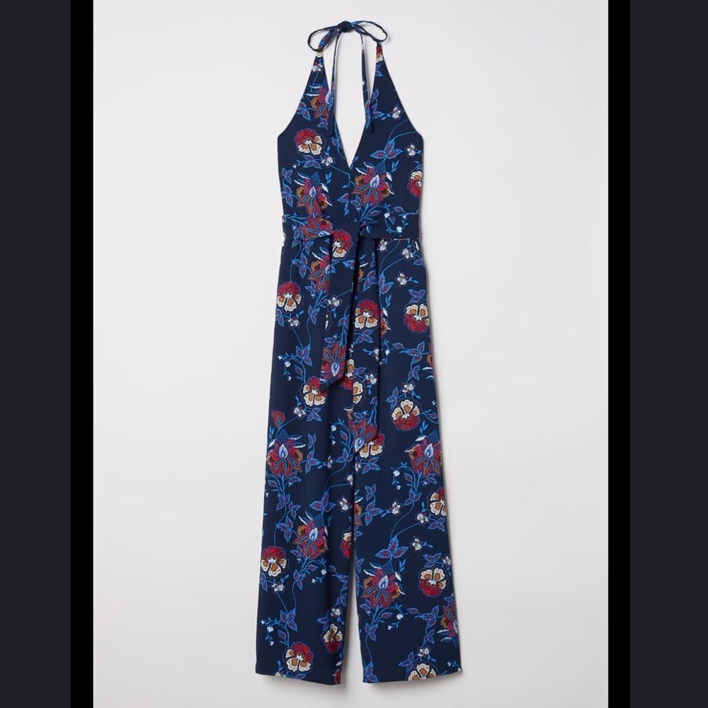 H&M Blue Floral Patterned Halter Jumpsuit